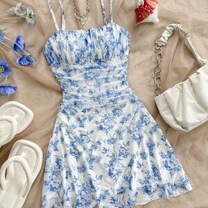 Blue And White Boho Women's Floral Mesh Halterneck Vacation Dress